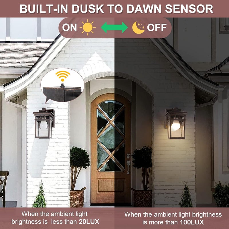 FANDBO Dusk to Dawn Outdoor Wall Lighting with Outlet,Porch Light with GFCI Outlet Built in,Anti-Rust Alunmium Wall Lantern with Clear Glass Shade,Outdoor Light for House Garage, Bulb Included(Brown) - Image 4